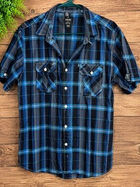 VESE Blue & Black Plaid Short Sleeve Button Down Shirt Men’s Large